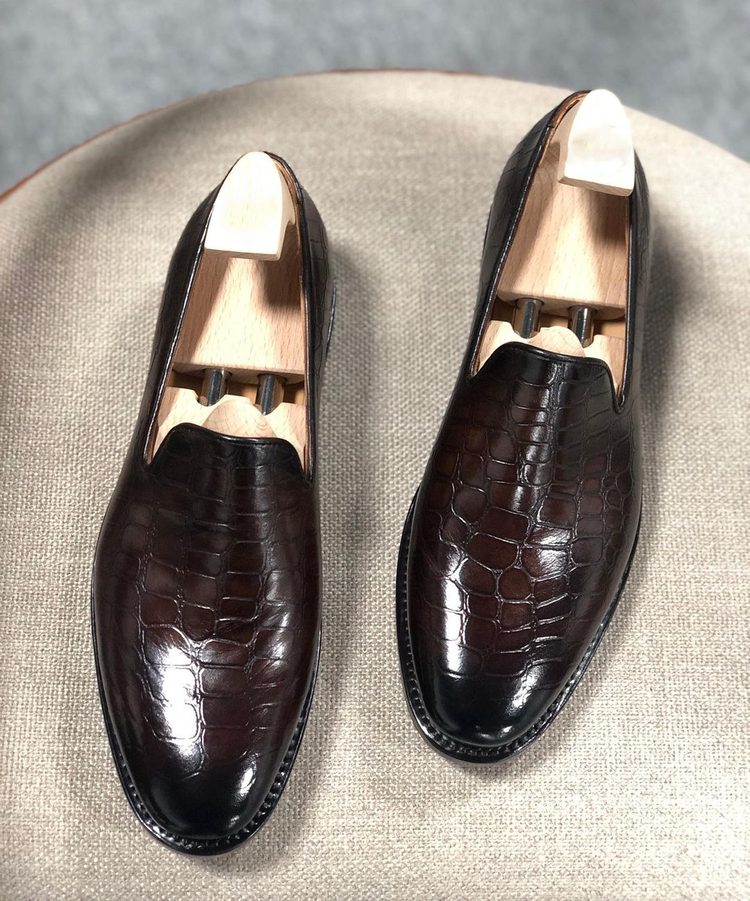 Height Increasing Brown Croc Print Leather Lugo Loafers