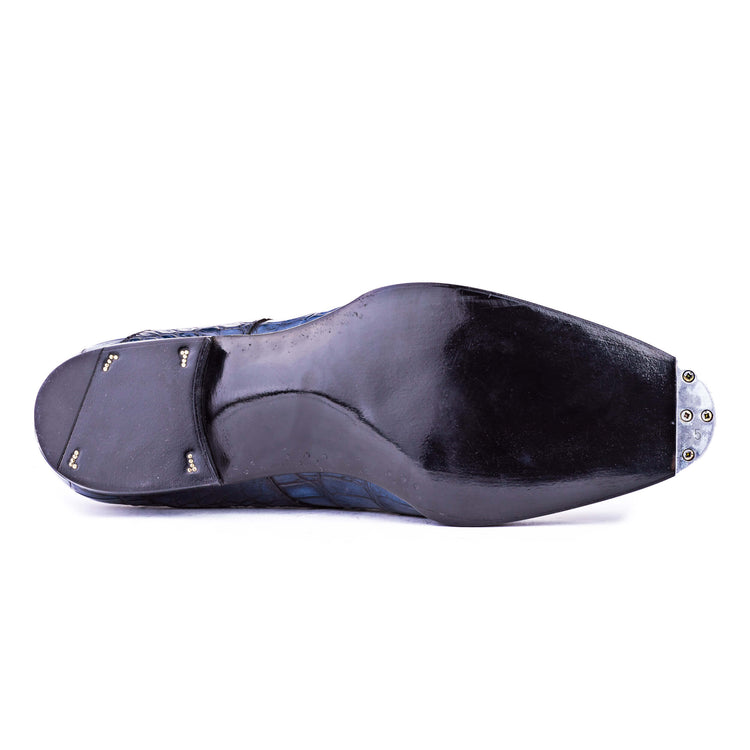 Height Increasing Goodyear Welted Aveiro Navy Blue Leather Croc Print Double Monk Strap With Violin Leather Sole