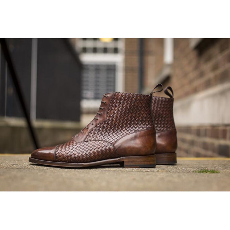 Height Increasing Brown Braided Leather Efford Lace Up Boots