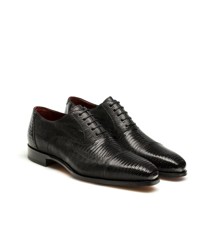 Height Increasing Goodyear Welted Lamego Black Leather Croc Print Oxford With Violin Leather Sole