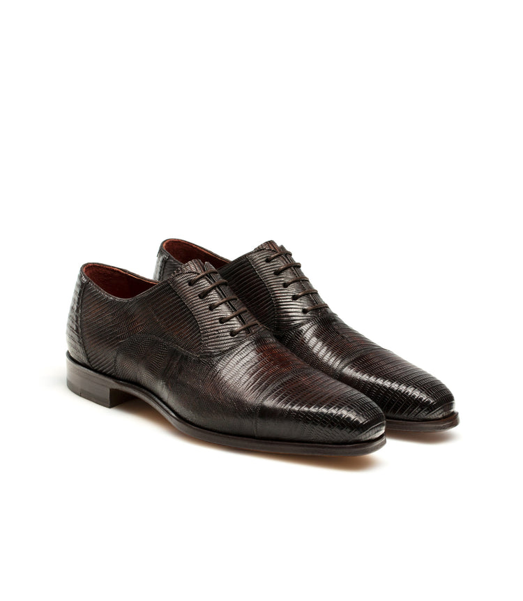 Height Increasing Goodyear Welted Lamego Brown Leather Croc Print Oxford With Violin Leather Sole