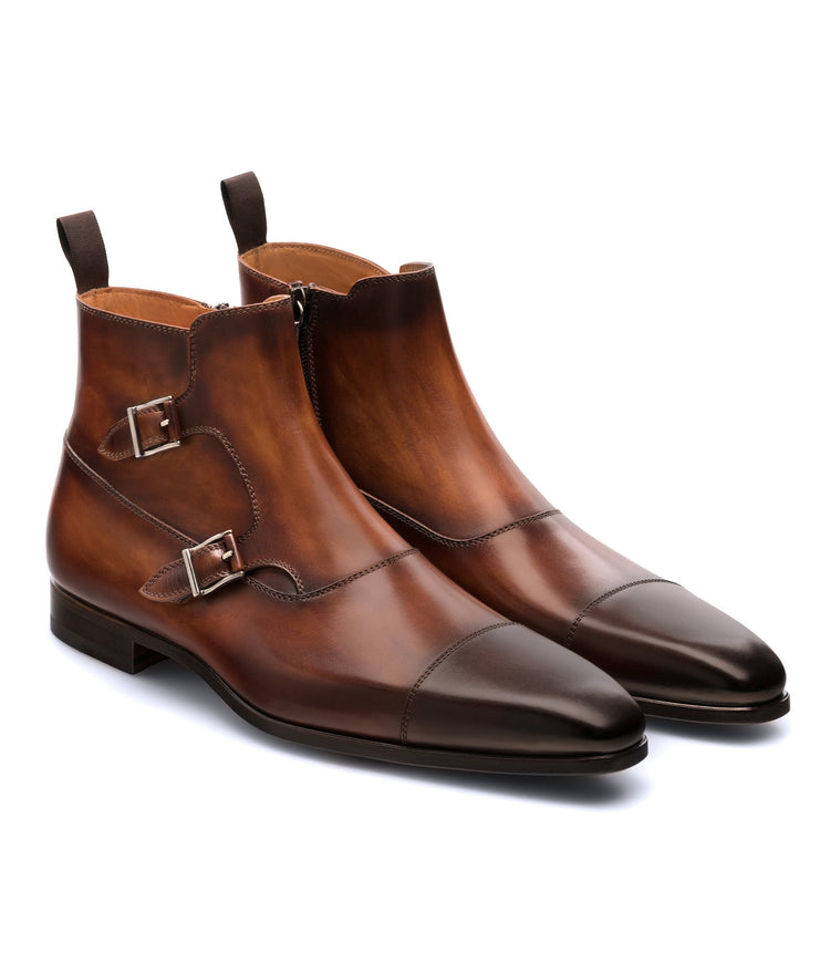 Height Increasing Brown Leather Bordeaux Monk Strap Boots