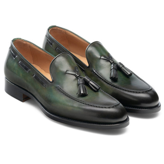 Height Increasing Olive Green Leather Barbican Tassel Loafers