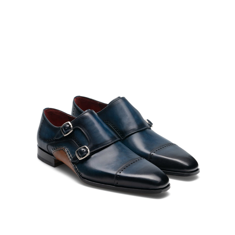 Navy Blue Leather Victoria Monk Strap Shoes