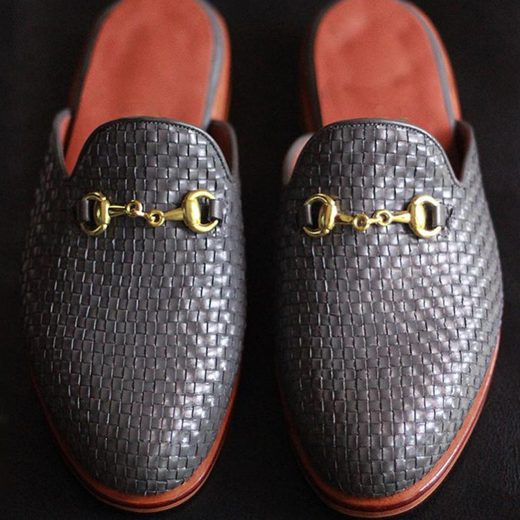 Flat Feet Shoes - Black Woven Braided Leather Leiria Horsebit Slippers with Arch Support
