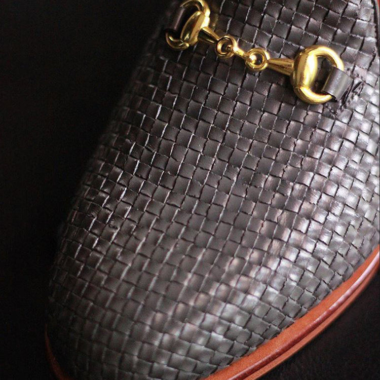 Height Increasing Black Woven Braided Leather Leiria Horsebit Slippers