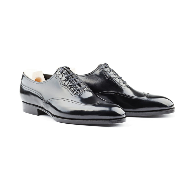 Goodyear Welted Moncorvo Black Leather Croc Print Oxford With Violin Leather Sole