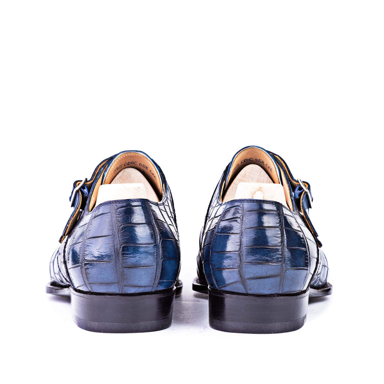 Flat Feet Shoes - Goodyear Welted Aveiro Navy Blue Leather Croc Print Double Monk Strap With Violin Leather Sole with Arch Support