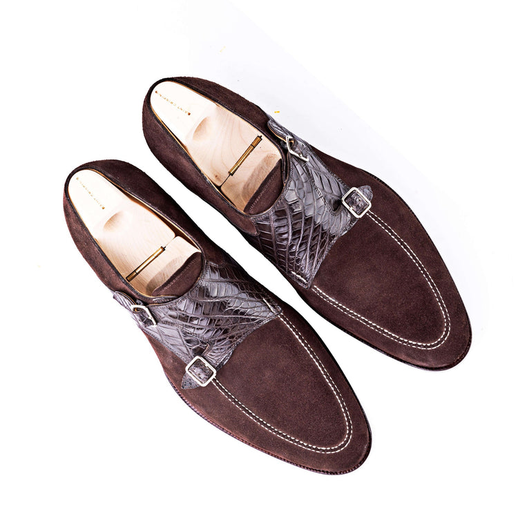 Height Increasing Goodyear Welted Murtosa Brown Suede and Leather Croc Print Double Monk Strap With Violin Leather Sole