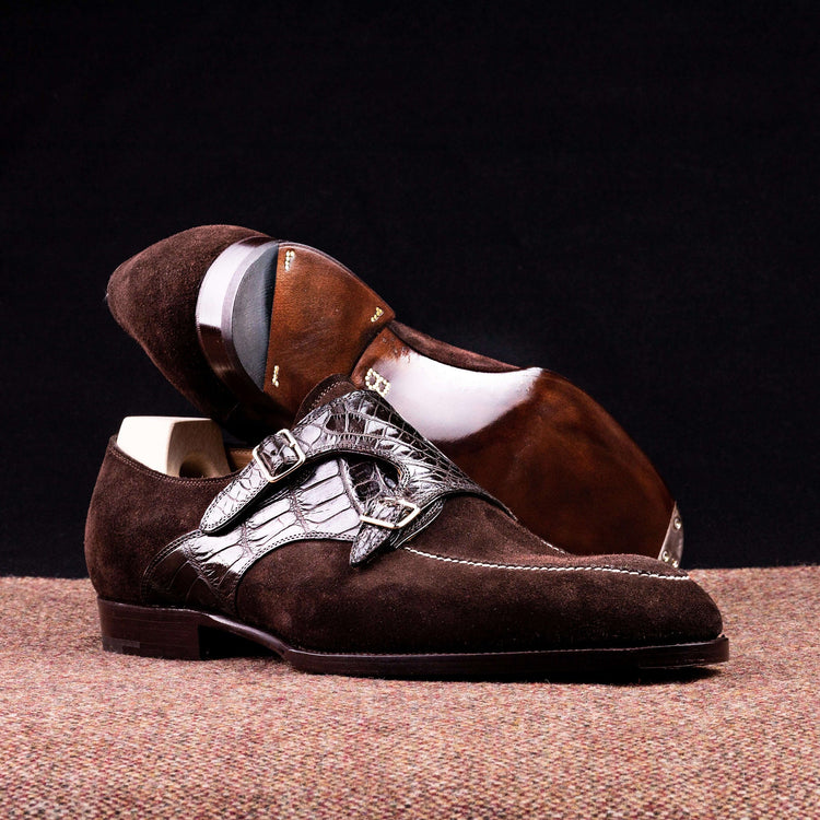 Goodyear Welted Murtosa Brown Suede and Leather Croc Print Double Monk Strap With Violin Leather Sole