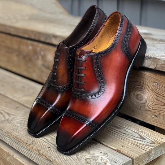 Height Increasing Brown Burgundy Leather Luso Brogue Toecap Oxfords - Formal Shoes