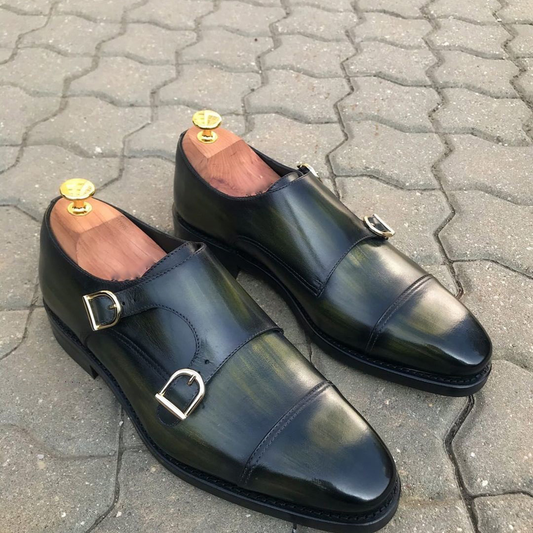 Green Patina Leather Burgas Double Monk Straps