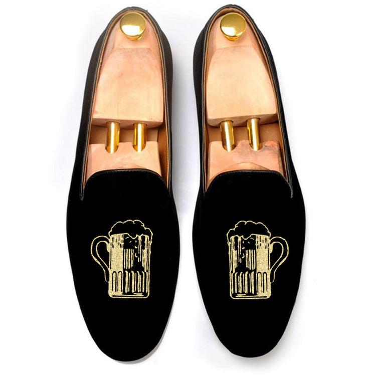 Black Velvet Beer Embroidered Loafers