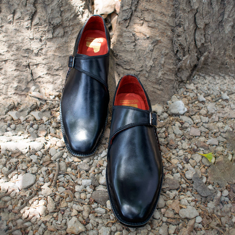 Black Leather Bathurst Monk Straps Shoes