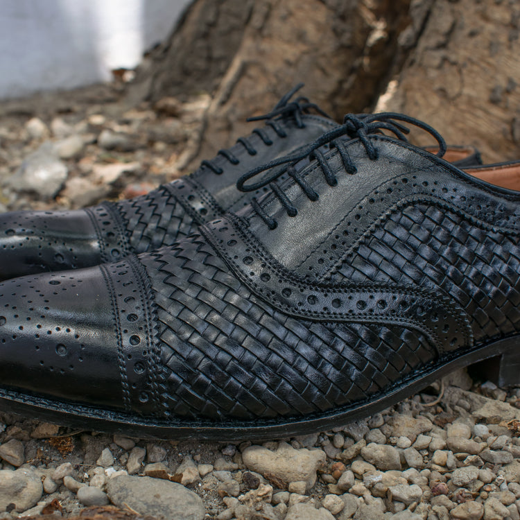 Black Braided Leather Morice Brogue Oxfords
