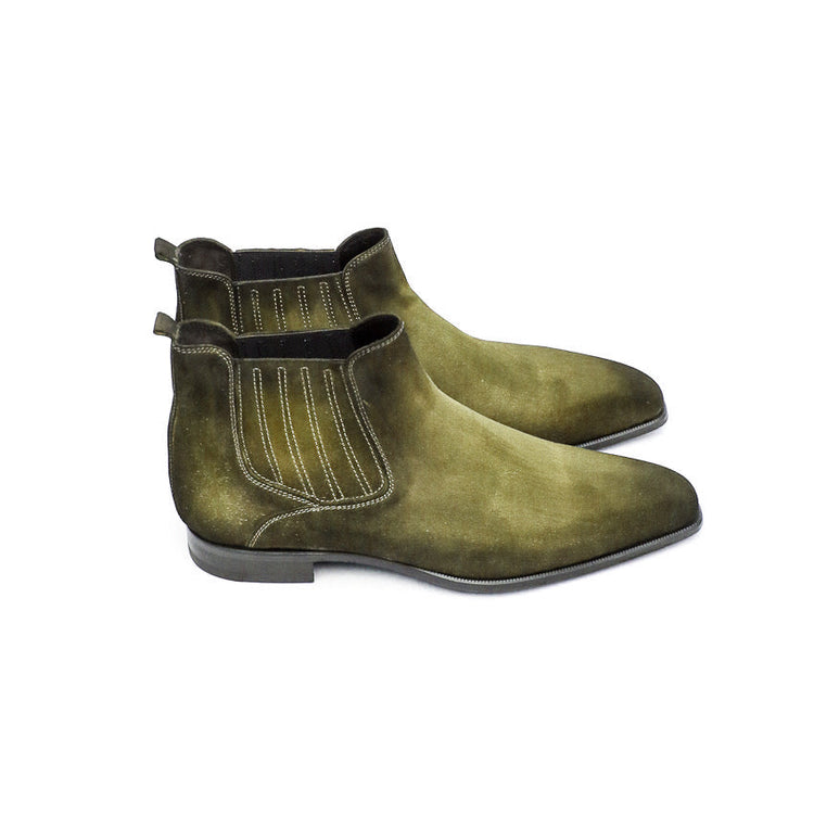 Height Increasing Goodyear Welted Cadaval Green Suede Chelsea Boot with Violin Leather Sole