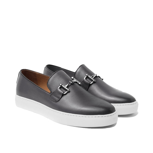 Height Increasing Black Leather Alvin Horse Bit Slip On Sneakers