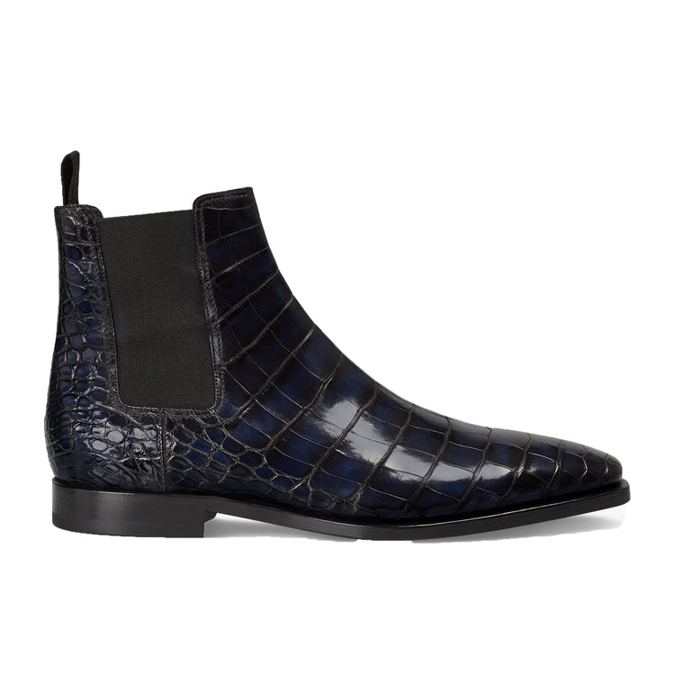 Height Increasing Navy Blue Alligator Textured Leather Evington Chelsea Slip On Boots
