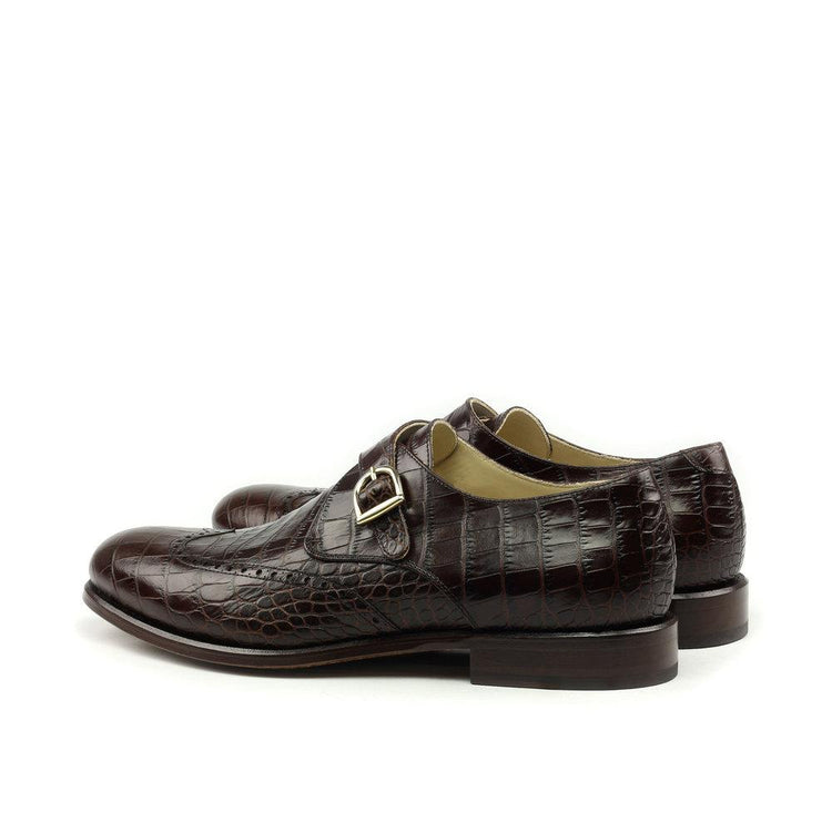 Flat Feet Shoes - Goodyear Welted Guarda Brown Leather Croc Print Double Monk Strap With Violin Leather Sole with Arch Support