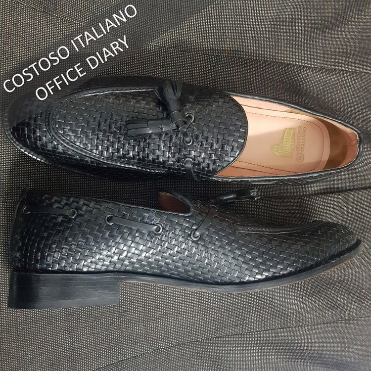 Black Hand Woven Braided Leather Acton Loafers
