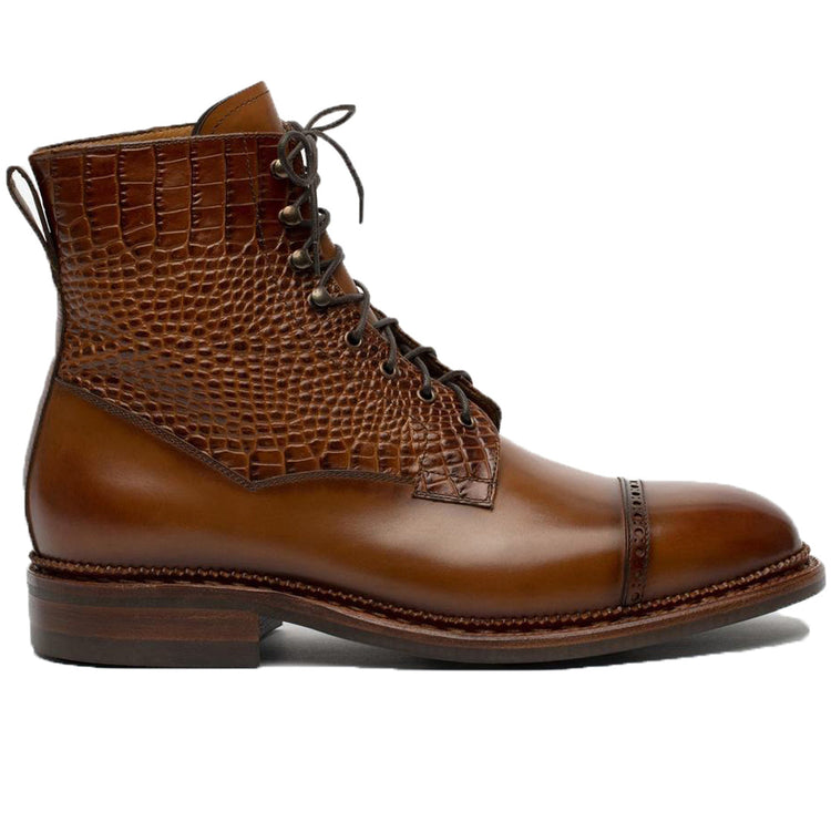Height Increasing Tan Alligator Textured Leather Furzton Lace Up Boots