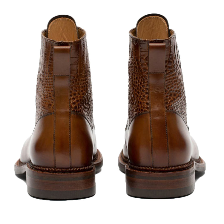Tan Alligator Textured Leather Furzton Lace Up Boots