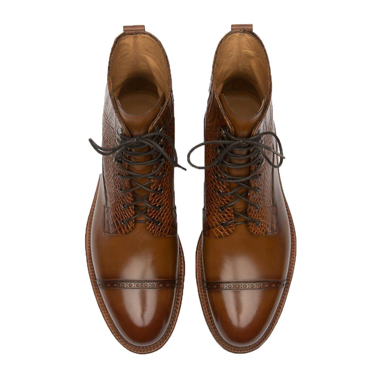 Flat Feet Shoes - Tan Alligator Textured Leather Furzton Lace Up Boots with Arch Support
