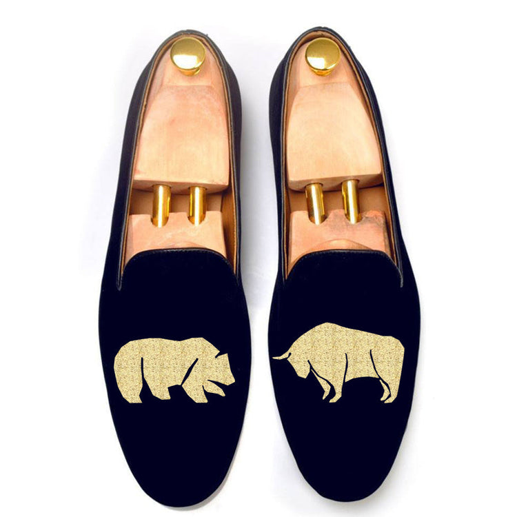 Blue Velvet Bear v/s Bull Embroidered Loafers