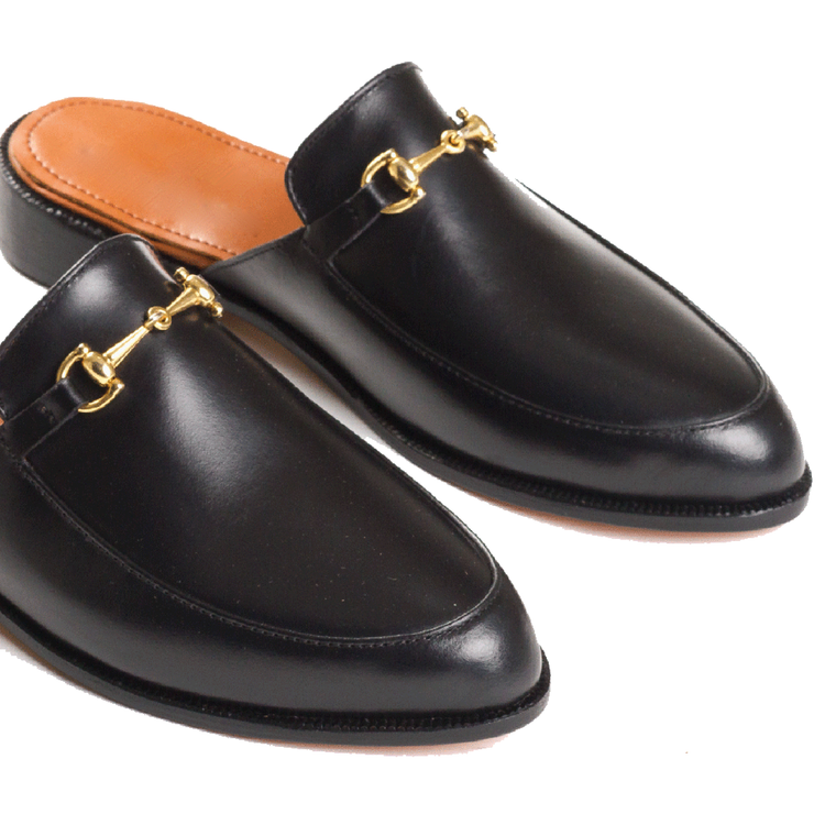 Height Increasing Black Leather Loures Horsebit Slippers