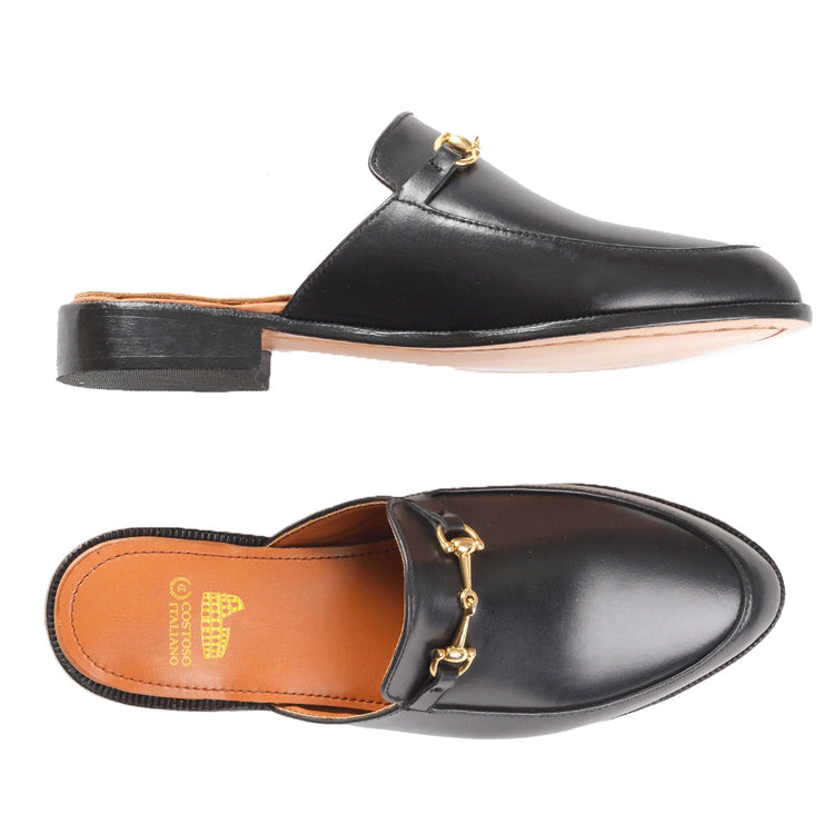 Height Increasing Black Leather Loures Horsebit Slippers