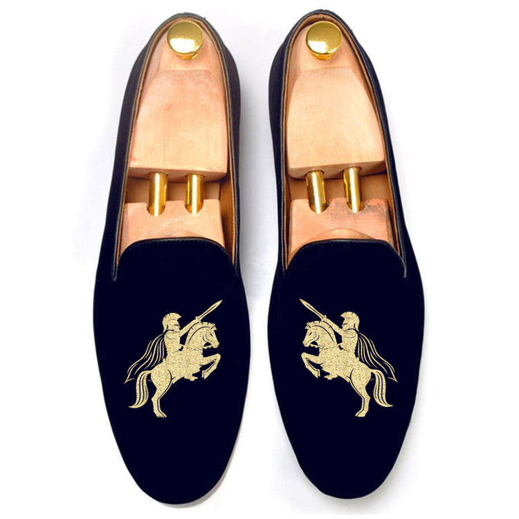 Height Increasing Blue Velvet Cavalry Guards Embroidered Loafers