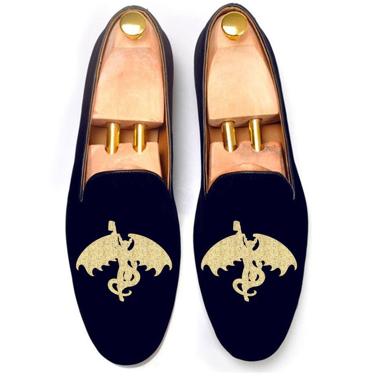 Blue Velvet Gargoyle With Beer Embroidered Loafers
