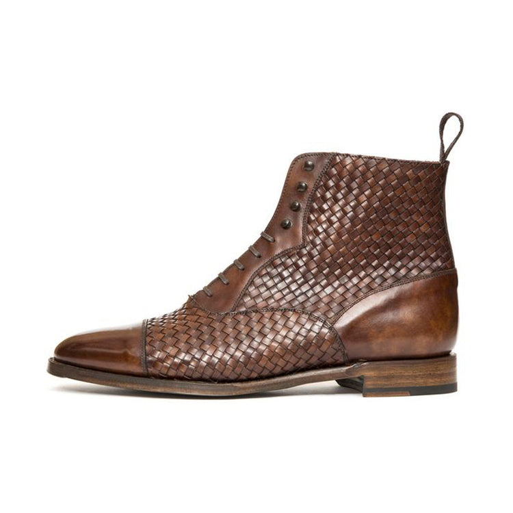 Height Increasing Brown Braided Leather Efford Lace Up Boots