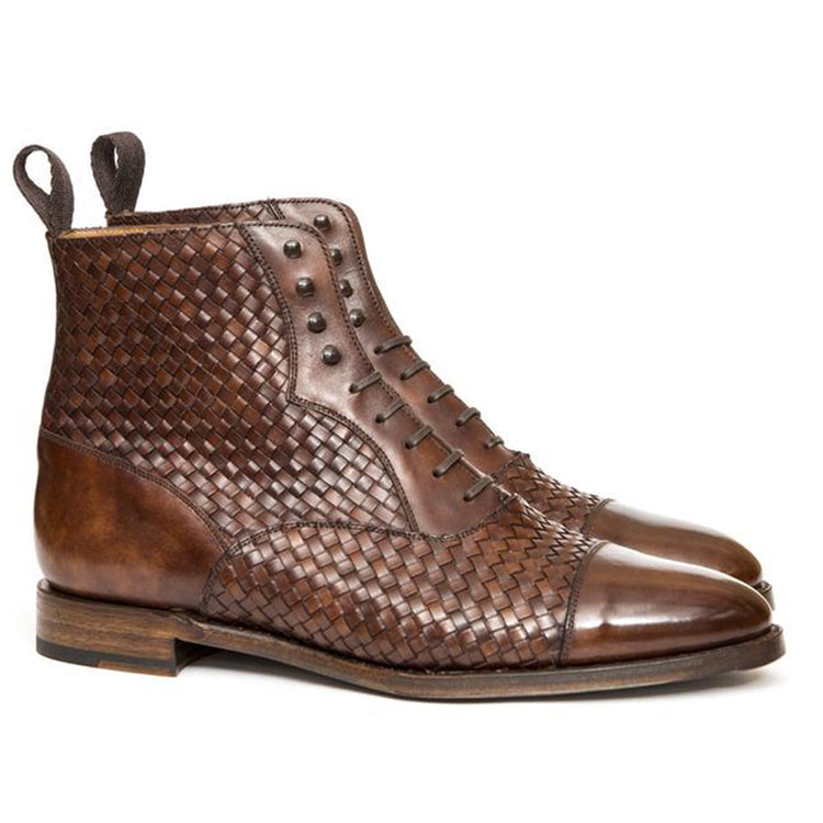 Brown Braided Leather Efford Lace Up Boots