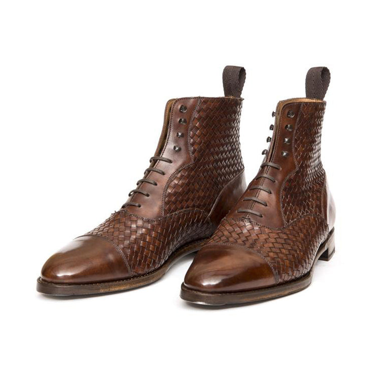 Height Increasing Brown Braided Leather Efford Lace Up Boots