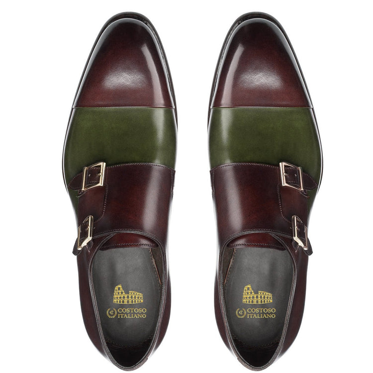 Flat Feet Shoes - Brown and Green Leather Castle Monk Straps with Arch Support