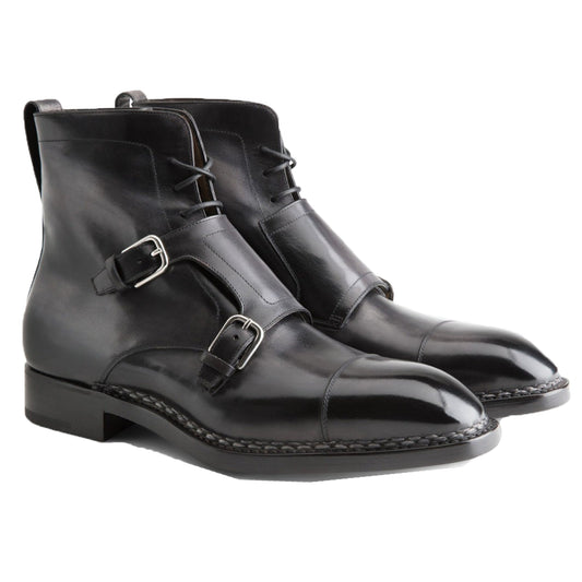 Height Increasing Norwegian Welted Mafra Black Leather Double Monk Strap Oxford Boot