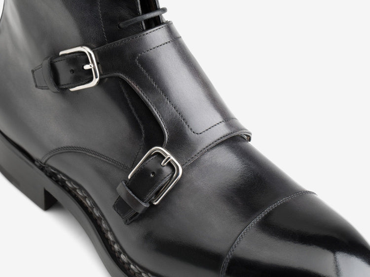 Height Increasing Norwegian Welted Mafra Black Leather Double Monk Strap Oxford Boot